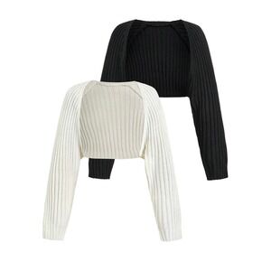 2 Pack Ribbed Knit Shrug Bolero Set Black and White Long Sleeve Cropped Sweaters